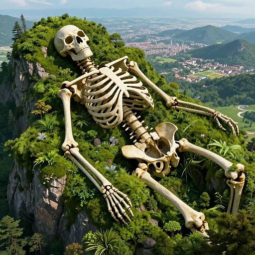 Digital artwork of a giant skeleton reclining on a lush, rocky cliff with a scenic town and mountain range in the background.