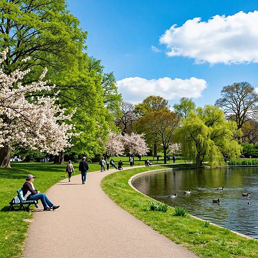 Photograph of a sunny park with a winding path, blooming cherry trees, a curved pond, people walking, and a person sitting on a bench