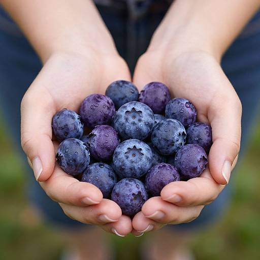 Photograph of light-skinned hands gently cupping a pile of fresh, juicy, dark purple blueberries, with water droplets visible on the berries