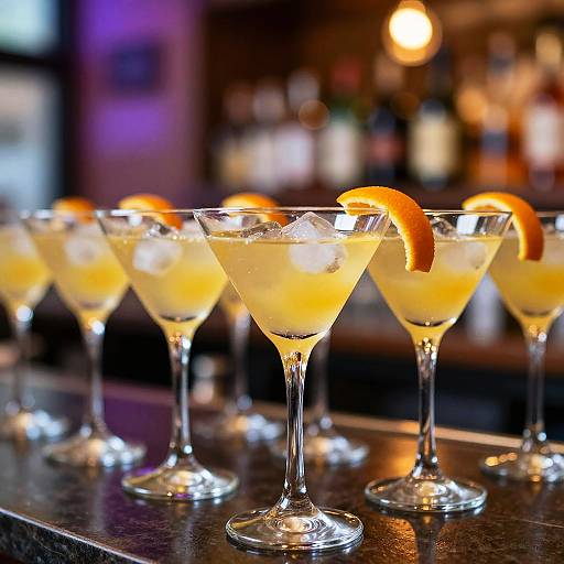 Row of Martini Glasses with Orange Peel Garnish