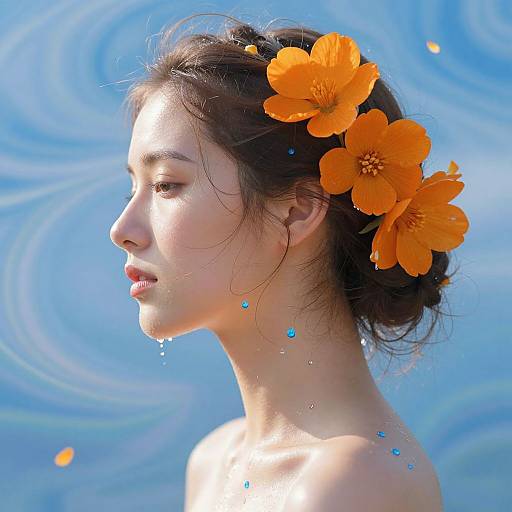 Photograph of an Asian woman with fair skin, dark hair in a bun adorned with bright orange flowers, against a blue, swirling water background, with