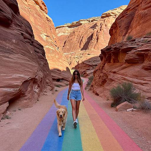 Photograph of a woman with long brown hair, wearing a white tank top and denim shorts, walking a golden retriever on a vibrant rainbow-colored path