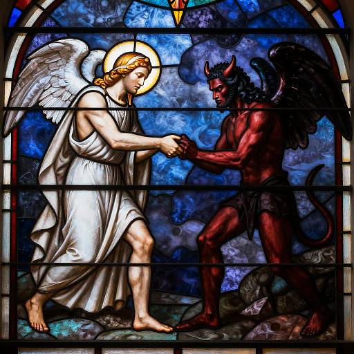 Stained-Glass Cosmic Tug Between God and Devil