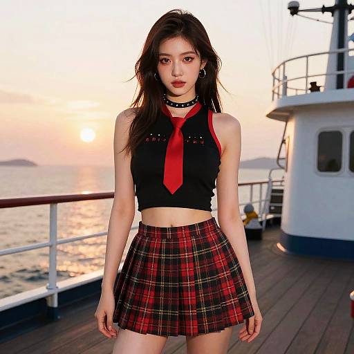 Photograph of an Asian woman with long dark hair, wearing a black sleeveless top, red tie, and red plaid skirt, standing on a