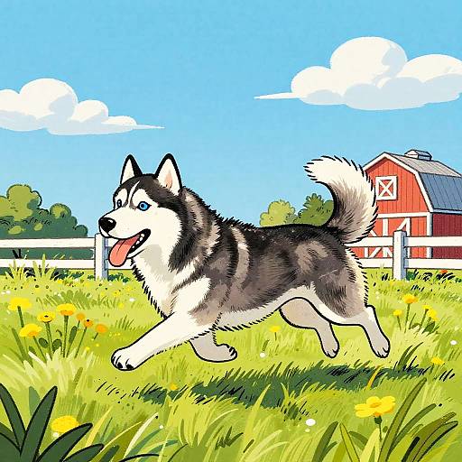 Colorful Cartoon Siberian Husky Running