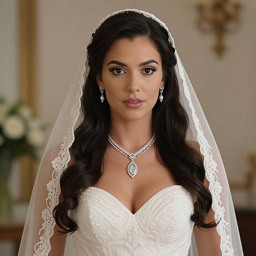Photograph of a beautiful South Asian bride with long black hair, wearing a white lace veil, strapless lace wedding dress, and diamond necklace, standing