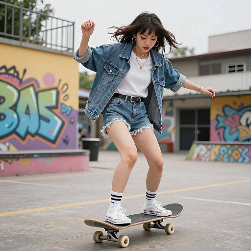 Young Asian woman with black hair, denim jacket, white tee, and frayed shorts skateboards in colorful, graffiti-covered urban skatepark. Photograph.