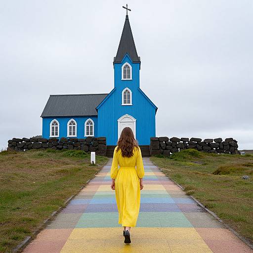 Woman Walking to Blue Church in Iceland