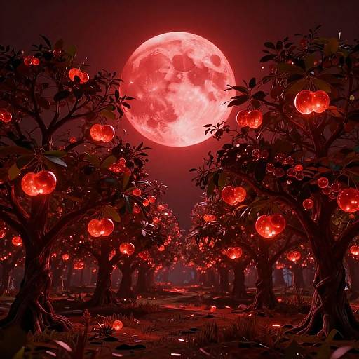 Surreal Crimson Cyberpunk Orchard