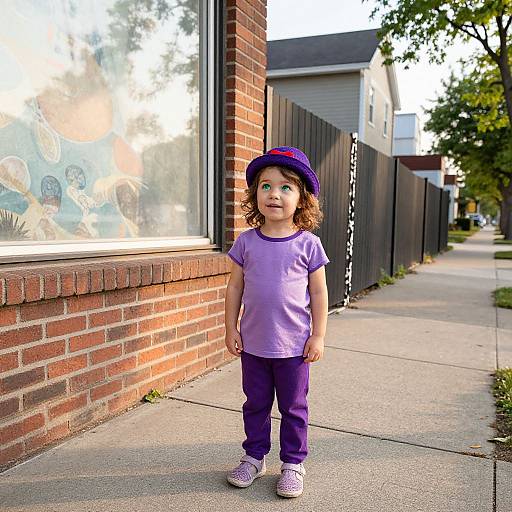 Photograph of a young girl with curly brown hair, wearing a purple shirt, purple pants, and a blue hat, standing on a suburban sidewalk beside