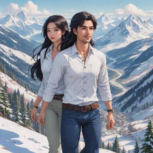 Couple in snowy mountain landscape with bird