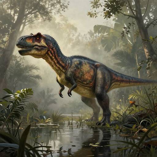 Digital artwork of a large, detailed, colorful dinosaur with orange and green scales standing in a misty, lush, prehistoric jungle beside a reflective water