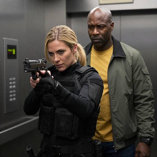 Tactical Woman Aiming Gun in Elevator