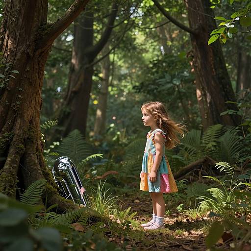 Photograph of a young girl with long brown hair in a colorful dress, standing in a sunlit, dense forest, looking at a blue bike on