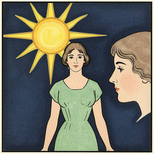 Illustration of a woman in a green dress facing a profile of another woman, with a bright yellow sun above them against a dark blue background.