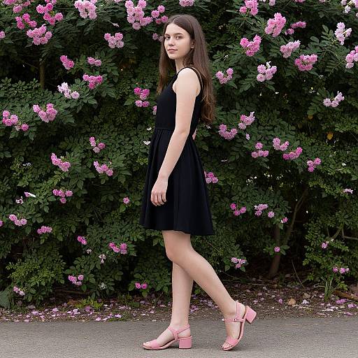 Photograph of a young woman with long brown hair, wearing a black sleeveless dress and pink sandals, walking past a lush pink-flowered bush.