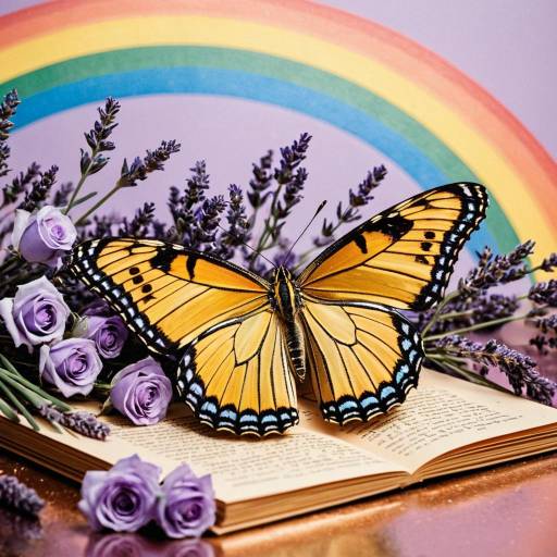 Golden Butterfly on Open Book with Lavender and Rainbow