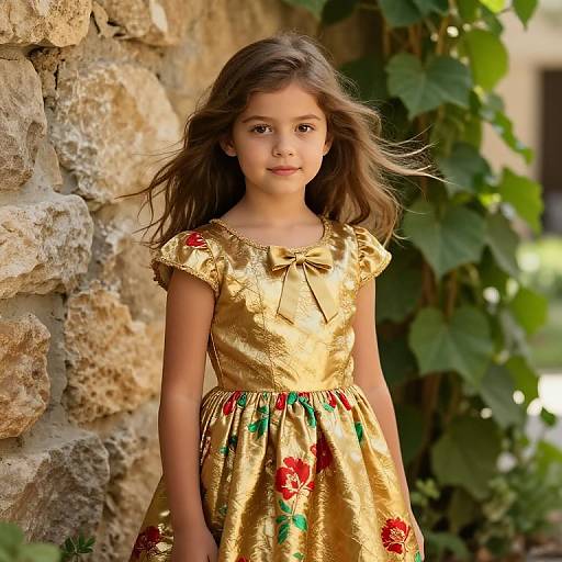 Photograph of a young girl with long brown hair, wearing a gold floral dress, standing against a stone wall with green ivy.