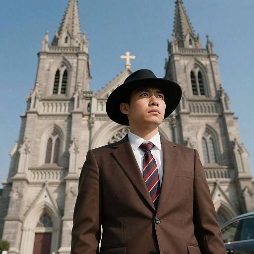 Serious Man Before a Gothic Church