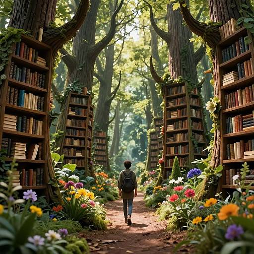 Digital painting of a person with a backpack walking through a sunlit, enchanted forest library aisle, surrounded by tall trees, flower-filled gardens, and book