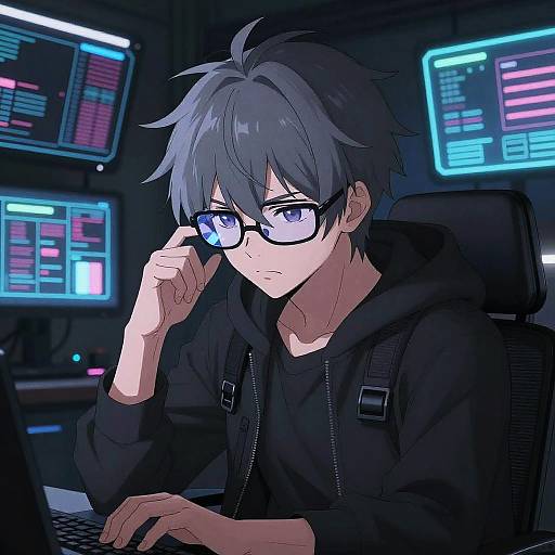 Anime-style digital drawing of a serious, blue-eyed, black-haired young man with glasses, wearing a black hoodie, seated at a computer terminal with neon