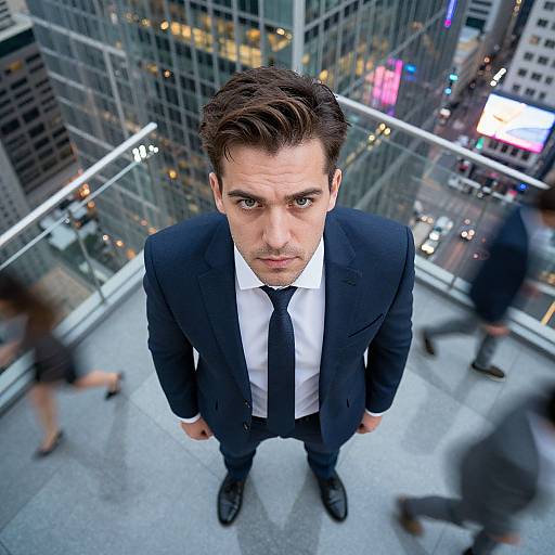 Photograph of a serious, brown-haired man in a dark suit and tie, standing on an elevated urban walkway, looking up at the camera,