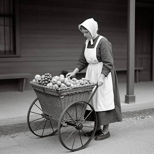 Black-and-white photograph of a woman in a white apron and headscarf, standing beside a wicker cart filled with apples. She is sorting