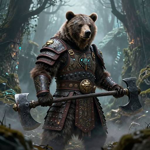 Digital artwork of a bear in detailed medieval armor holding a double-headed axe in a mystical, foggy forest.
