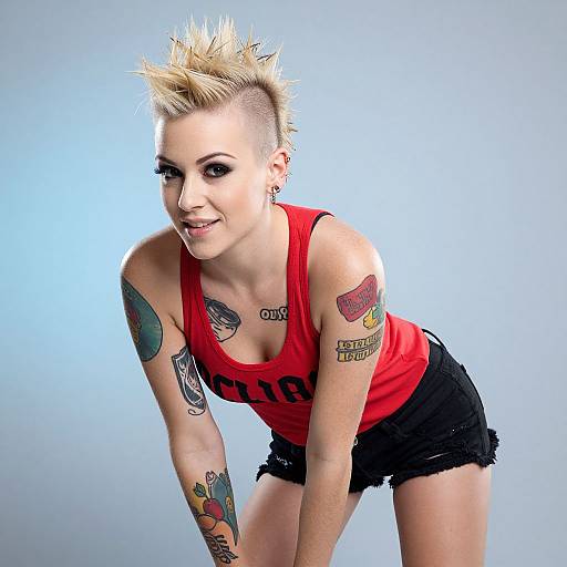 Photograph of a punk-style woman with blonde mohawk, red tank top, black shorts, and various colorful tattoos, leaning forward smiling.