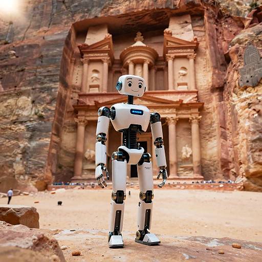 Photorealistic CGI of a white and black humanoid robot standing in front of a red-rock, ancient temple with tall columns.