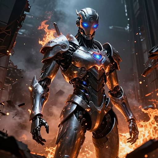 Digital artwork of a glowing blue-eyed, metallic, humanoid robot with fiery accents standing in a smoky, burning, industrial cityscape.