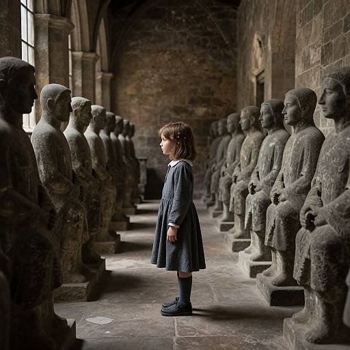Photograph of a young girl with brown hair in a blue dress and black boots, standing in a dimly-lit stone hallway of statues.