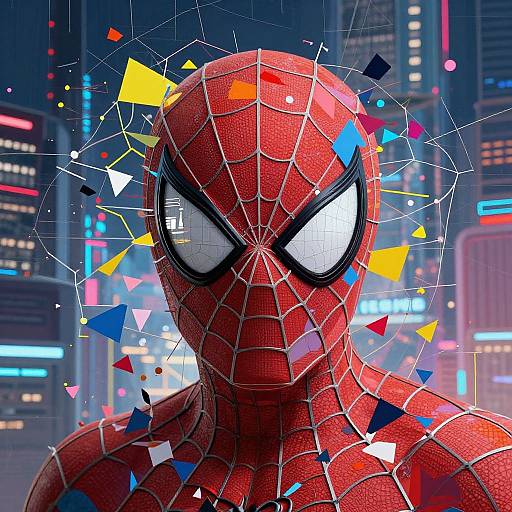 Digital artwork of Spider-Man in a red, web-patterned suit with white eyes, surrounded by colorful geometric shapes, against a neon-lit cityscape