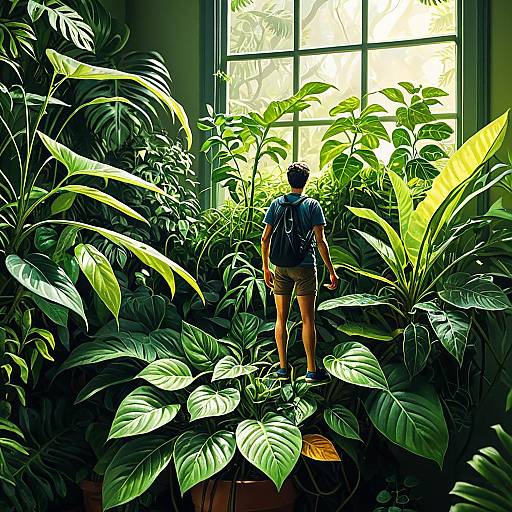 Miniature person standing on large houseplant leaf