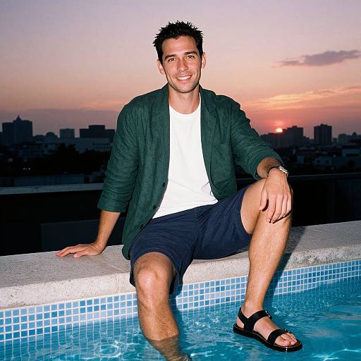 Photograph of a smiling, dark-haired man in a green jacket, white shirt, black shorts, and sandals, sitting by a rooftop pool at sunset