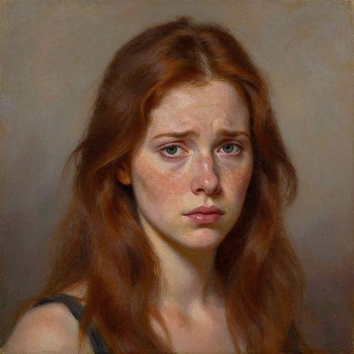 Digital painting of a pensive, freckled young woman with long red hair, blue eyes, and fair skin, wearing a black tank top against
