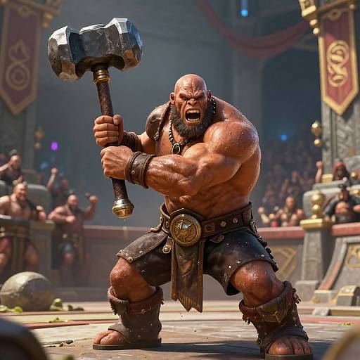 Muscular, bald, bearded man with dark skin, wearing leather armor, wielding a large, silver-headed hammer in a gladiator arena. CGI