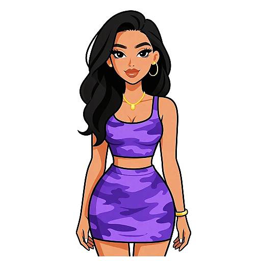 Digital illustration of a confident woman with long black hair, wearing a purple camo crop top and skirt, gold necklace, hoop earrings, and bracelet,