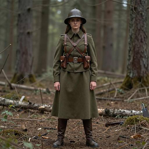 Female WWI Soldier in Forest Reenactment