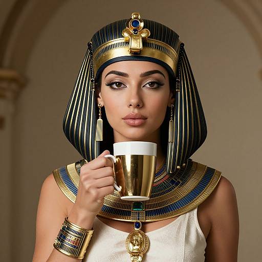 Photograph of a woman with olive skin, wearing an Egyptian-style headdress and gold jewelry, holding a golden mug, set against an arched background