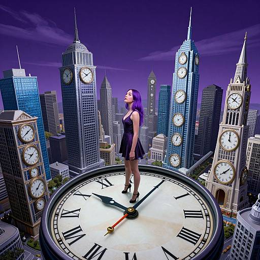 Digital art of a purple-haired woman in a black dress and heels standing on a giant city clock face, surrounded by skyscrapers at night.