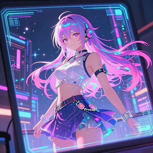 Digital anime-style illustration of a pink-haired, purple-eyed girl in a neon-lit cyber city, wearing a white crop top, black mini skirt,