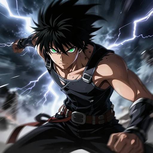 Dynamic anime illustration of a muscular, black-haired male with green eyes, lightning bolts in the background, wearing a black sleeveless vest and gloves, in