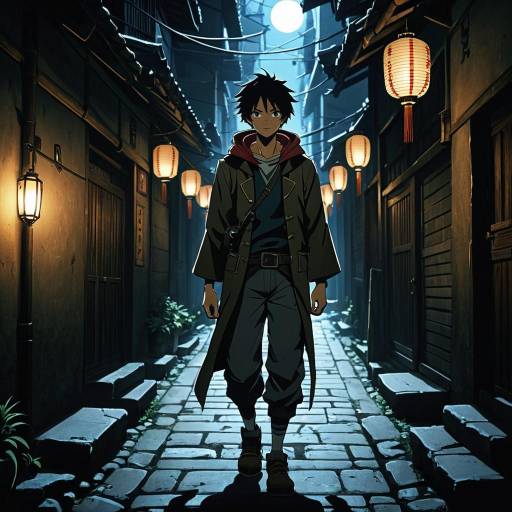 Anime Character Walking in Lantern-Lit Alley