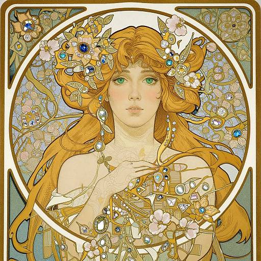 Digital illustration of a fair-skinned, green-eyed woman with flowing orange hair adorned with blue and white flowers, framed within a circular design, surrounded by
