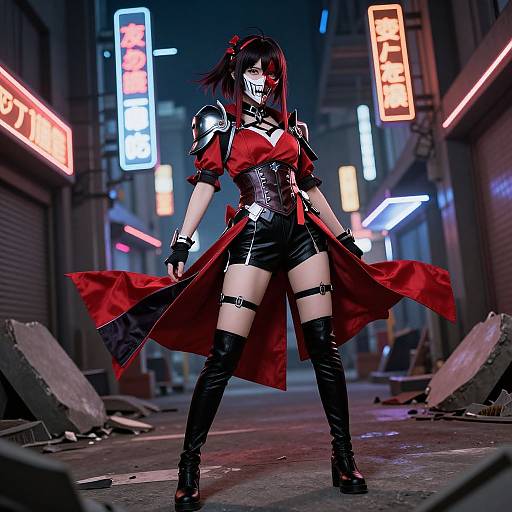 Digital anime-style illustration of a fierce, red-haired woman in a black and red Gothic outfit, thigh-high boots, and mask, standing confidently in a