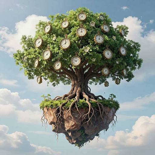 Photorealistic CGI of a floating tree with green leaves and clock faces, rooted on a rocky island, set against a bright blue sky with fluffy clouds