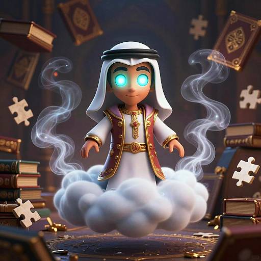 CGI image of a glowing blue-eyed, white-robed figure with smoke, standing on a cloud amidst floating books and puzzle pieces.
