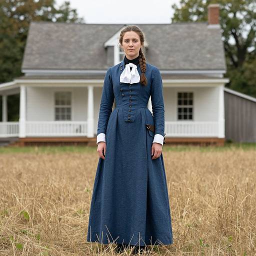 Photograph of a young white woman in a blue Victorian-style dress with white collar and buttons, standing in a golden field, in front of a white