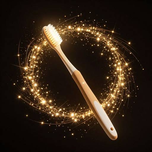 Photograph of a glowing, golden toothbrush with sparkling, circular light trails on a black background, creating a magical, ethereal effect.